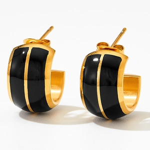 Elegant geometric C-shaped gold-plated stainless steel earrings with black enamel inlay