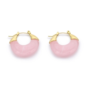 Pink jelly resin U-shaped earrings with gold titanium steel clasp on white background