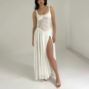 Elegant white backless maxi dress with delicate embroidery lace and high side slit detail