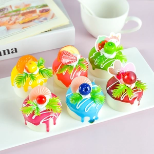 Set of 6 realistic artificial fruit cupcakes and bread magnets displayed on a tray