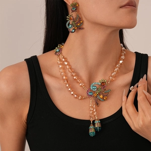 Peacock Necklace And Earrings With Silver Earring Post Colorful Rhinestone Glass Beaded Vintage Ethnic Jewelry For Women