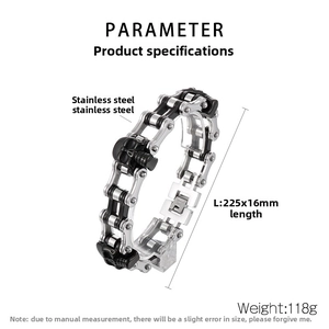 Detailed view of 16mm stainless steel biker chain bracelet with skull charm and specs
