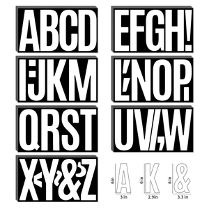 Detailed set of 6 inch waterproof black letter stickers showing full A-Z and symbols