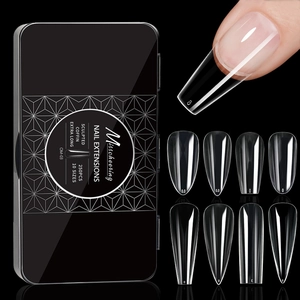 Macro view of Misscheering 250pcs extra long coffin fake nails with sizing detail