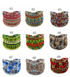 Collage of nine yoga headbands featuring vibrant African tribal patterns and elastic fabric