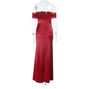 Rear view of burgundy satin off-shoulder evening dress with slit and long elegant silhouette