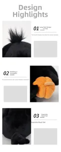 Detail of black plush raven holding a bright orange pumpkin with long hair accents