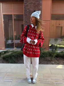 Pull en maille rouge chic avec motif jacquard de cygne blanc pour femme en automne