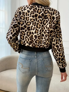 Women's leopard print cropped zip-up jacket with ribbed cuffs, back view on model