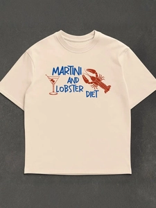Κρεμ βαμβακερό T-shirt με τύπωμα κόκκινο αστακό, ποτήρι μαρτίνι και μπλε κείμενο