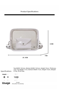 Detailed size chart for transparent jelly bag showing width 18.5cm and height 15cm