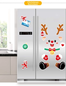 Cartoon reindeer magnetic fridge stickers set featuring red nose, antlers and bells