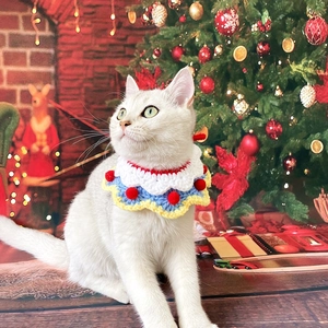 Détail d'un chat blanc portant un collier festif tricoté main avec des pompons rouges