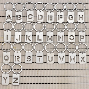 Stainless Steel Hollow Out 26 Initial Alphabet Keychain Rectangle Brushed Metal Tag Pendant For Car Bag Key Gift