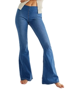 Detail of dark blue vintage bell bottom jeans with a flared silhouette and stretch fit