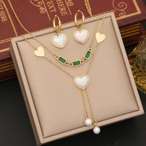 Elegant Necklace Bracelet Earrings Stainless Steel Gold Plated Double Layer Heart Artificial Pearl Green Gemstone Jewelry For Women