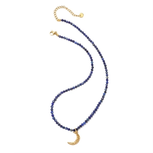 Vintage style sun moon pendant necklace with dark blue natural stones and golden crescent