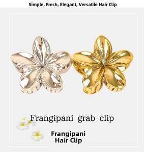 Macro detail of metallic frangipani flower hair claws in gold and silver finishes