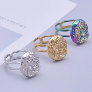 Adjustable geometric 304 stainless steel rings with lava texture in silver gold and purple