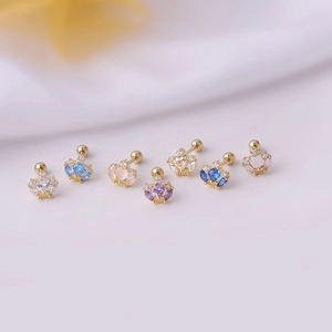 Titanium steel cartilage stud earrings with colorful heart crown zircon stones