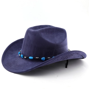 Detail of dark blue suede cowboy hat with blue and silver beaded ethnic band