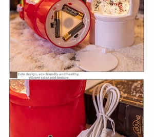Detail shot of Christmas snow globe showing dual power options with batteries and USB cable.