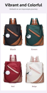 Waterproof nylon women's backpacks in black, green, red, and beige with leather trim