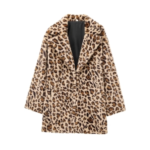 Women Leopard Print Faux Fur Coat Lapel Long Sleeve Open Front Winter Jacket Fashion Casual Outerwear Warm