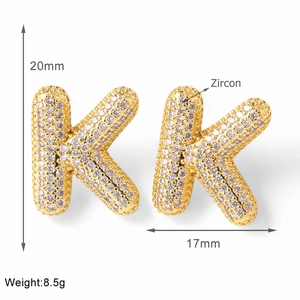 Detail view of gold letter K stud earring with zircons measuring 20mm by 17mm