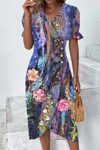 Detail of colorful floral and starry circle print V-neck dress with button closure