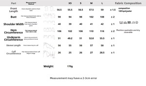 Detailed size chart for V-neck blouse with polyester fabric and washing instructions