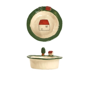 Cute round ceramic dessert bowl with 3D miniature tree and house decorative accents
