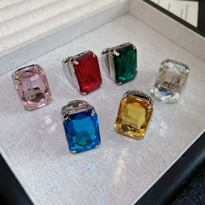 Luxe emerald-cut crystal rings in six colors on silver-plated four-prong bands