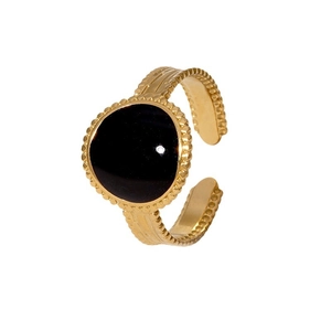 Bague vintage ajustable en acier doré avec pierre ovale noire émaillée et bordure perlée