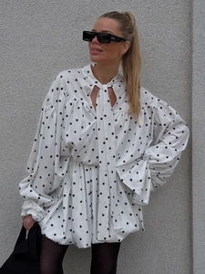 French Vintage Polka Dot Skirt Set For Women Flare Sleeve Tie Neck Shirt And Mini Skirt Two Piece Top And Bottom Spring Summer Outfit