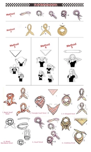 Instructional guide showing 11 ways to fold and tie a square skull pattern bandana scarf