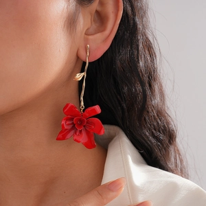 Vintage Oversized Flower Drop Earrings With Red Lacquer Petals And Silver Earring Post