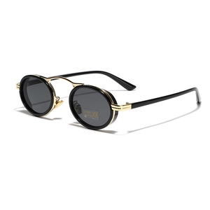 Retro punk oval sunglasses with black gold metal frame and UV400 protection lenses