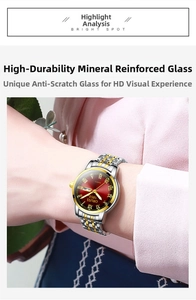 Close-up of ORUSS quartz watch with red sunray dial and two-tone steel bracelet