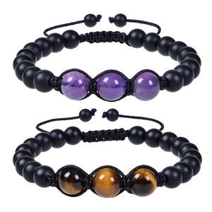 Natural Stone Beaded Bracelet Amethyst Tiger Eye Matte Agate Handmade Woven Adjustable Rope Fashion Jewelry For Men Women