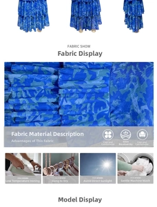 Detail of blue abstract print tiered dress fabric showing cool and breathable texture