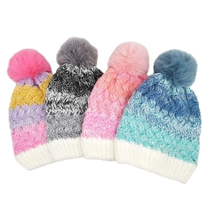 Kids Winter Knitted Beanie Hat Thick Warm Acrylic Fleece Lined With Faux Fur Pom Pom Gradient Striped Thermal