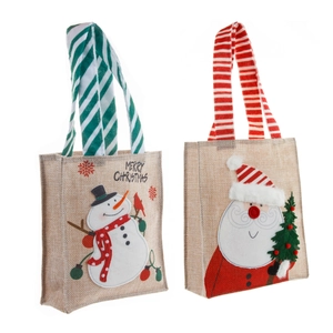 Christmas burlap gift bags with 3D snowman and Santa Claus embroidery and striped handles