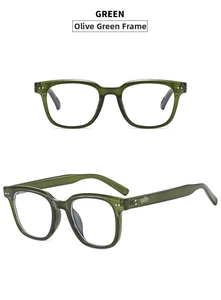Close-up of vintage muddy green square frame sunglasses with metal rivet details