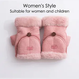 Warm pink faux suede convertible mittens with plush trim and wooden buttons for women