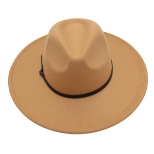Close-up detail of a camel wool felt jazz hat featuring a black belt buckle band.