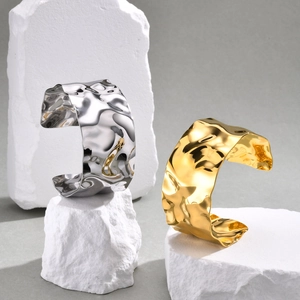 Irregular wavy textured stainless steel open bangles in gold and silver finish