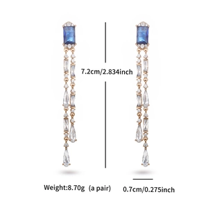 Detail view of blue square zircon drop earrings with measurements 7.2cm by 0.7cm