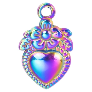 Rainbow heart pendant necklace with floral leaf texture and 18k gold plating finish