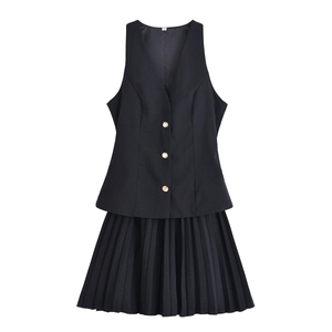 Robe Midi Plissée en Polyester pour Femme Style de Rue Col en V Sans Manches Avec Boutons Dorés Style Occidental Robe Gilet Quotidienne Décontractée